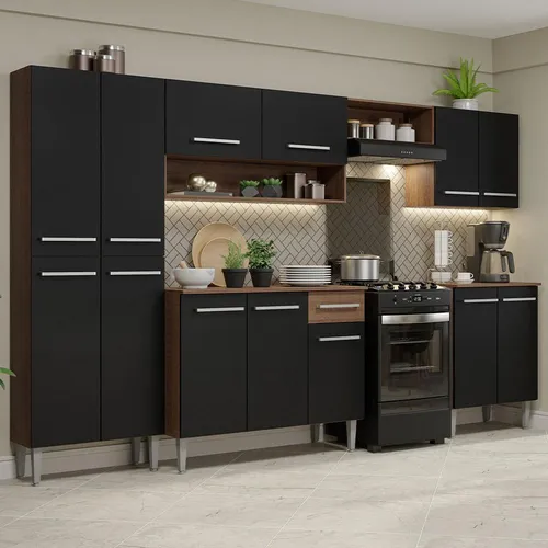 Armário De  Cozinha Completa Modulada Compacta Madesa Emilly Balcão Rp Cor Rustic/preto Xagrem2930017k
