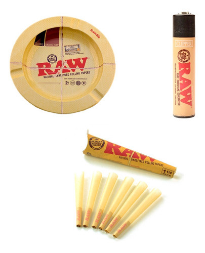 Pack Raw 6 Conos Preenrolado + Cenicero + Encendedor Clipper