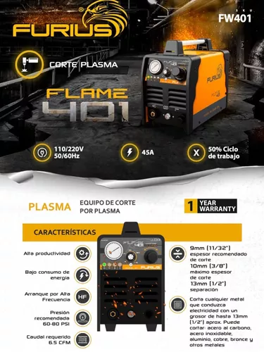 CORTADOR DE PLASMA INVERSOR FLAME 401-45A FURIUS FW401 110/220V 1ph.