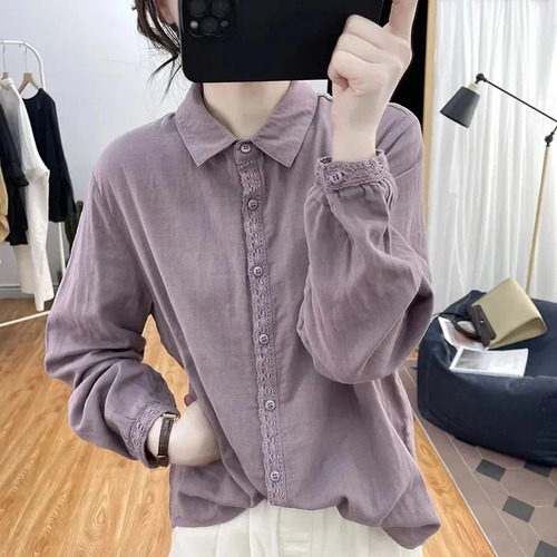 Camisa De Manga Larga Con Encaje Y Algodón Para Mujer