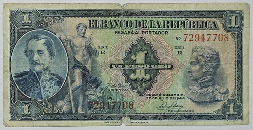 Billete 1 Peso 20/jul/1944 Colombia Vg-f