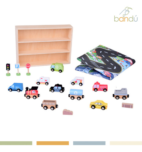 Set Autos De Juguete Tren Pista Y Señaleticas Madera Bandú Multicolor