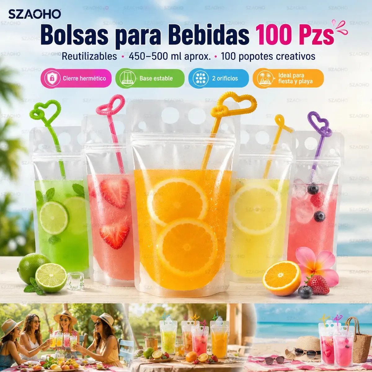 100 Bolsas De Bebida Sellada Portátil Con Pajitas 500ML, Bolsas Para Bebidas Reutilizables Para Agua Y Jugos, Accesorios Camping