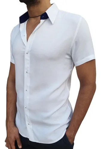 Camisa Social Branca Com Azul Masculina Manga Curta Viscose