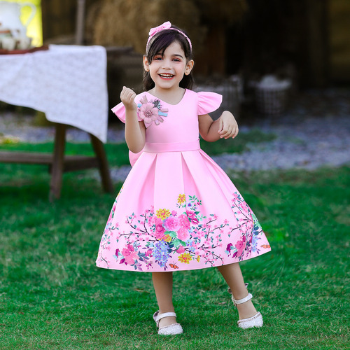 Vestido Festivo Estampado Con Lazo Para Niños