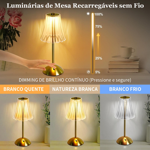 Luminária Mesa Abajur Led Dimerizável Recarregável Sem Fio