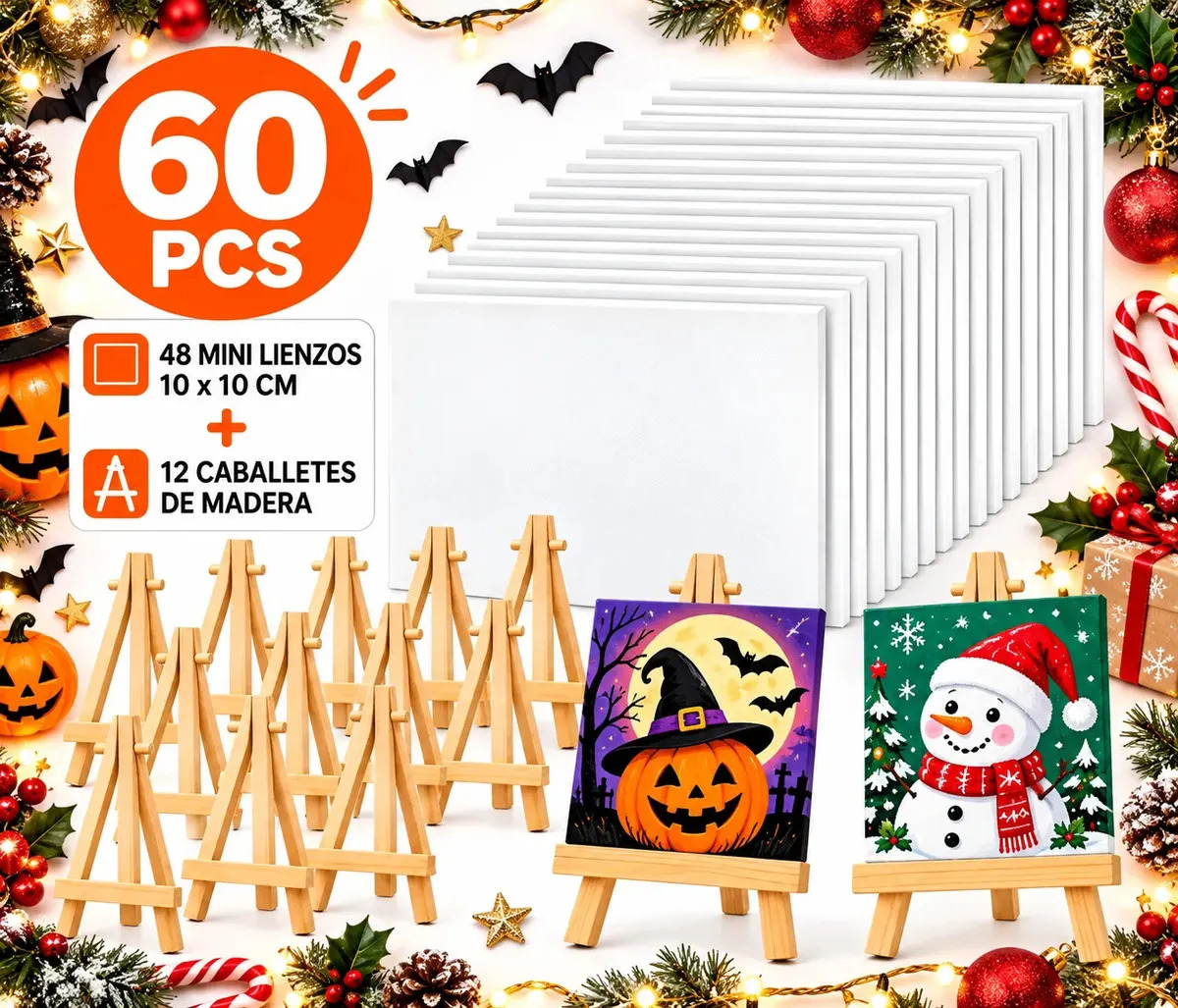 Pack de 48 Mini Lienzos de 10x10 cm y 12 Caballetes para Pintar