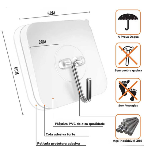 Gancho Inox Adesivo Alta Aderência Suporte Kit C/ 12und