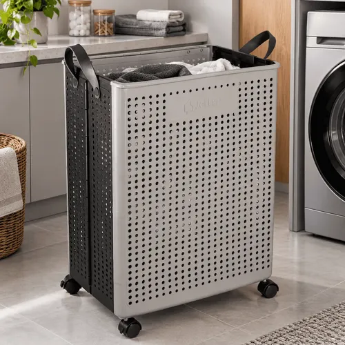 Cesto De Roupa Suja 120 Litros Dobrável Em Plástico Rodinhas Cinza