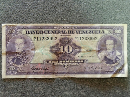 Billete De 10 Bolívares Marzo 13 Año 1973 Bolivar Y Sucre