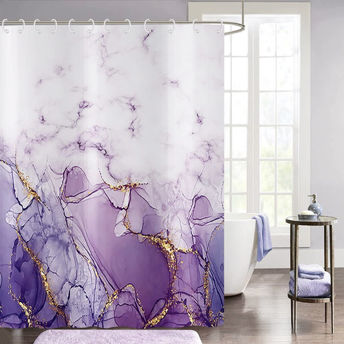 Cortina Ducha Marmol Morado Blanco Para Baño Lavanda Moderna