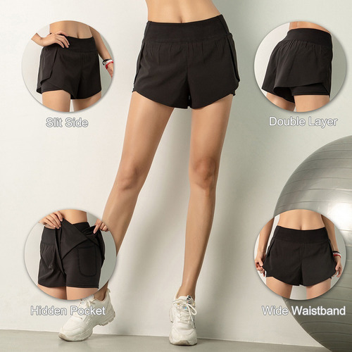 Pantalones Cortos De Running Para Mujer 2 En 1 Con Bolsillo