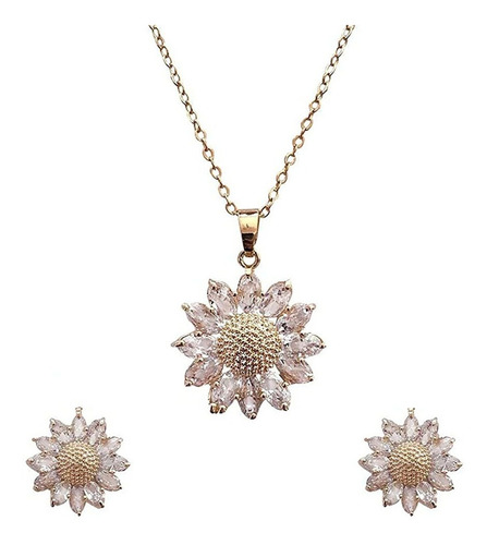 Imagen 1 de 6 de Kit Collar De Girasol Oro 18k Aretes Cadena Diamantada Mujer