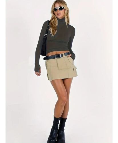 Top Liso De Poliéster Spandex Con Cuello Alto Y Cuello Alto