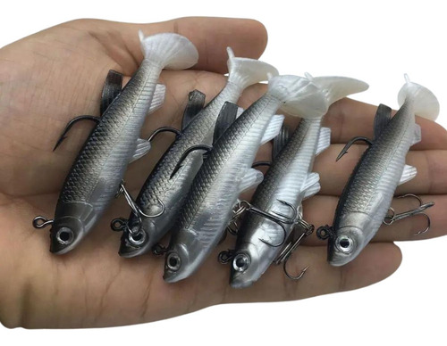 Kit 5 Iscas Artificiais Soft Fish Colorida Cor Cinza+preto