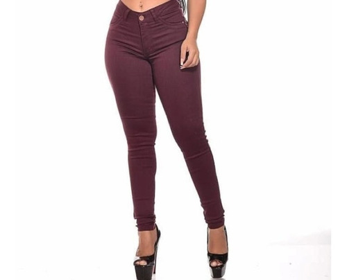 Imagem 1 de 7 de Calça Jeans Feminina Vinho Bordô Marsala Cintura Alta Linda