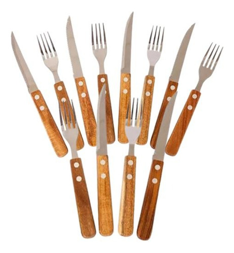 Set 6 Tenedores Y 6 Cuchillos Sierra Asado Madera Parrilla