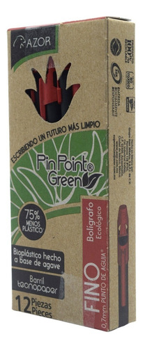 Boligrafo Azor Pinpoint Green 0.7 Mm Bioplastico Agave 12 Pz Color de la tinta Rojo Color del exterior Negro