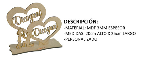Centro De Mesa Corazón Novios Personalizado Mdf 3mm 12pzas