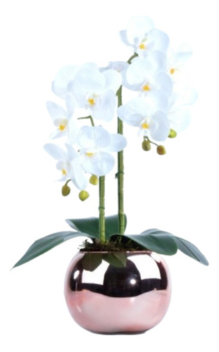 Arranjo 2 Orquídeas Artificiais Brancas Vaso Rose Gold Érika