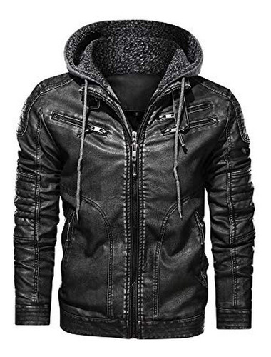 Chaqueta De Moto De Piel Sintética Para Hombre Jyg Con Capuc