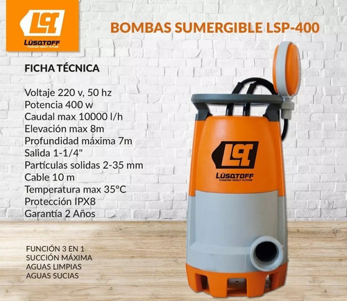 Bomba Desagote Sumergible Agua Sucia/limpia Lusqtoff Lsp400