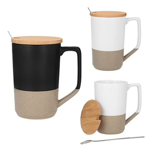 Taza De Cerámica Con Tapa De Bambú Y Cuchara Cap 485 Ml Color Negro