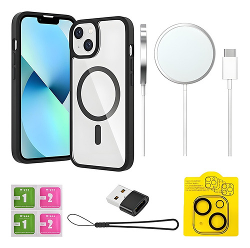 Funda Case Para iPhone 11 12 13 14 15 14pro 15pro 16pro 14pro Max 15pro Max 16pro Max Con Magsafe Rudo Mica Cámara+cargador Inalambrico 7 Kit