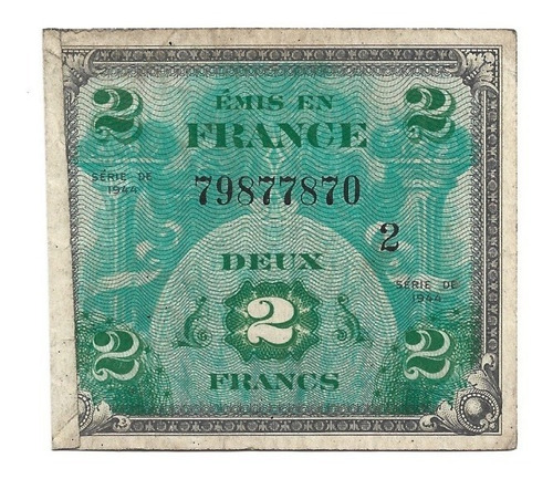 Billete Francia 2 Francs 1944 Ocupación Aliada 2a Guerra Mun