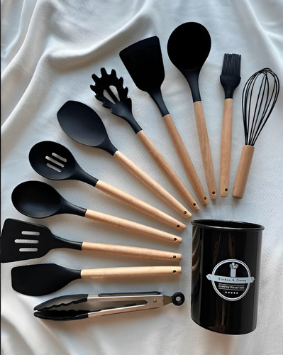 Utensilios De Cocina 11 Piezas Soporte De Madera Y Silicona Negro