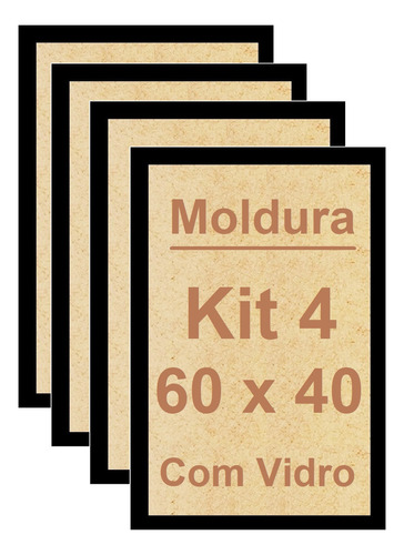 Kit 4 Molduras 40x60 Com Vidro Madeira Laqueada 60x40 Cor Preto