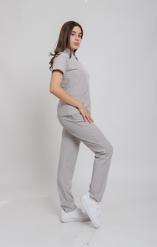 Scrub Dama Conjunto Quirúrgico Filipina Mao Corte Recto Gris Plata Lisa L