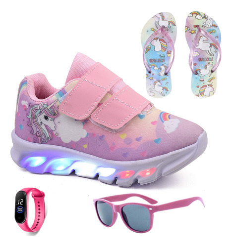 Tenis Led Infantil Unicornio Meninas Chinelo Oculos Relogio