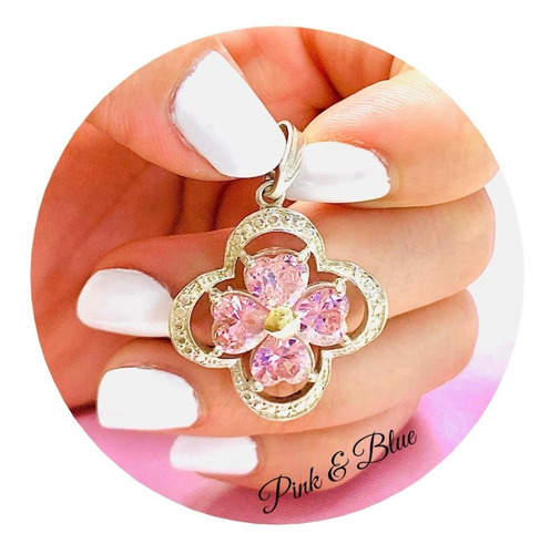 Dije Flor Con Piedras Cubic Rosas - Plata Y Oro