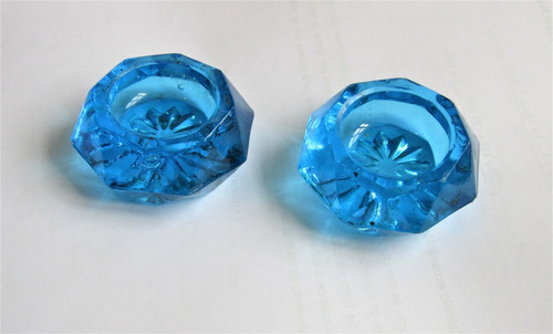 Portavelas De Cristal Azul Par Antiguos