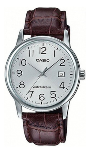Reloj pulsera Casio MTP-V002 con correa de cuero color marrón - fondo plateado