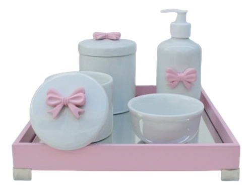 Kit Higiene Laço Rosa Menina Bebê Porcelana Maternidade Pote Ciranda Arte Criativa