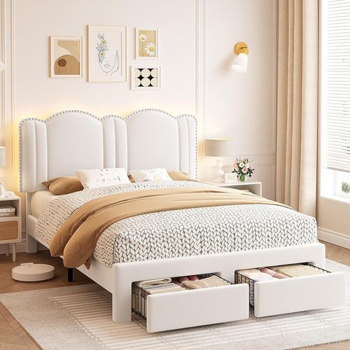 Base De Cama Enhomee C/cajones & Luces Led Matrimonial Crema