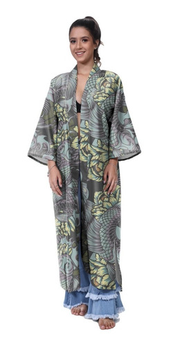 Kimono Haori Casaco Longo Oriental Koi Paisley Japão Carpa