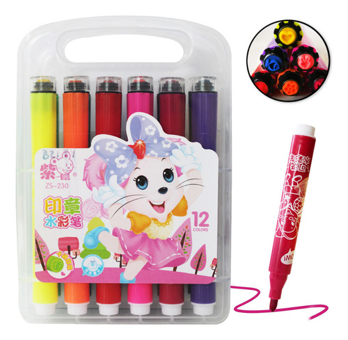 48 Marcador Plumon Rotulador Con Sello Color Estuche Escolar
