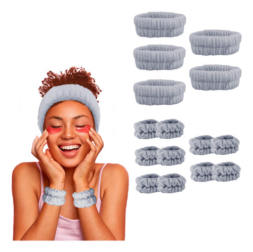 Diler Kit 5 Piezas Diadema Y Muñequeras Para Skincare Maquillaje Mascarilla Spa De Microfibra Liso Color Gris
