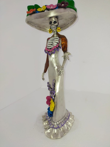 Escultura Catrina Sombrero Plata 999 Electroformado Pintada