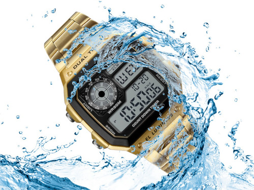 Relógio Masculino Skmei 1335 Dig Resis Água Dourado Casual