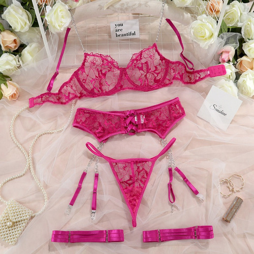 Conjunto De Moda De Ropa Interior Hueca Con Bordado De Malla