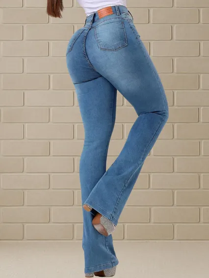 Calça Flare Jeans Feminina Boca Larga Elastano Barra Sino