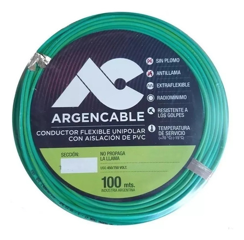 Cable unipolar Argencable 2.5mm² verde/amarillo x 100m