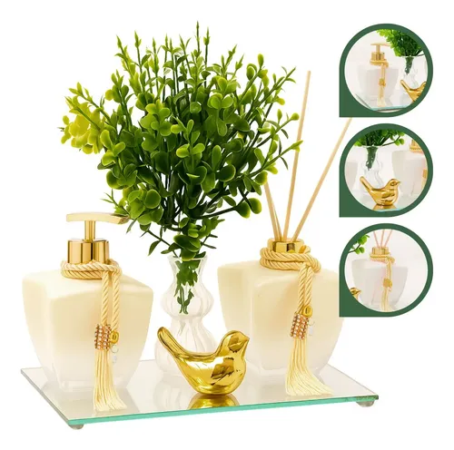 Seven Glass Kit Banheiro Degrade Branco Porta Sabonete Difusor C/band