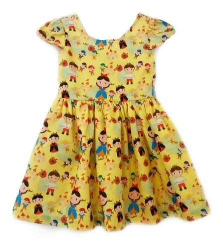  Vestido Branca De Neve Amarela, Algodão, Tamanho 1 A 6 Anos