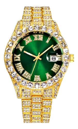 Reloj Estilo Cubano Con Diamantes De Zircón Dorado 