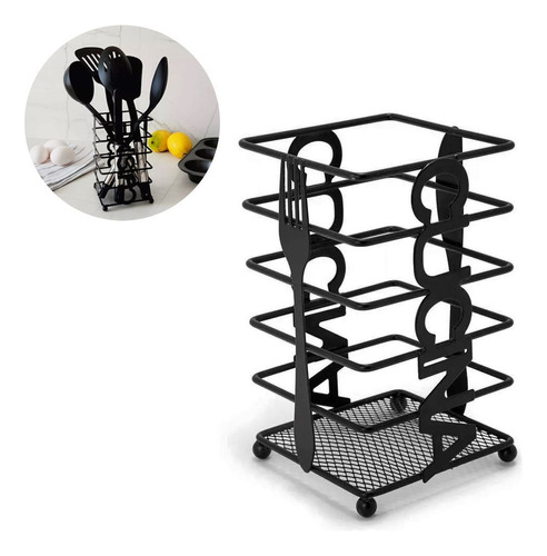 Soporte Para Cubiertos Mesada En Metal Negro Calado 